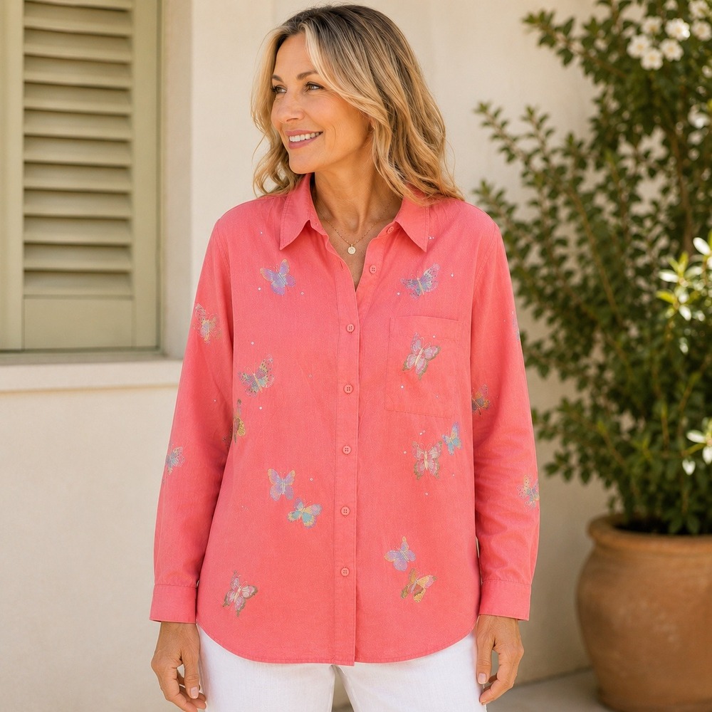 Quacker Factory Sz 1X‎ Pink Butterfly Embroidered Linen Cotton Button Up Shirt